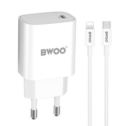 TRAVEL CHARGER BWOO CDA159 20W USB-C PD + USB-C TO LIGHTNING CABLE WHITE