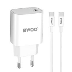 TRAVEL CHARGER BWOO CDA159 20W USB-C PD + USB-C TO USB-C CABLE WHITE