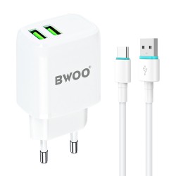 TRAVEL CHARGER BWOO CDA60C 2XUSB 2.4A + USB TO USB-C CABLE WHITE