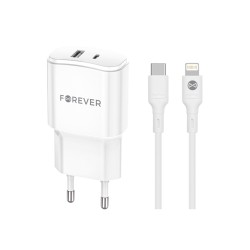 TRAVEL CHARGER FOREVER TC-01-20AC PD 20W USB + USB-C + CABLE USB-C DO LIGHTNING WHITE