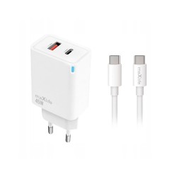 TRAVEL CHARGER MAXLIFE MXTC-09-45AC PD 45W USB + USB-C + CABLE USB-C TO USB-C WHITE TRAVEL CHARGER MAXLIFE MXTC-09-45AC PD 45W USB + USB-C + CABLE USB-C TO USB-C WHITE