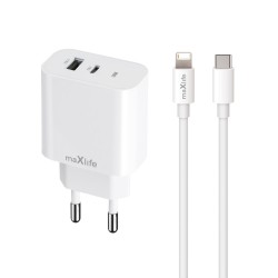 TRAVEL CHARGER MAXLIFE USB + USB-C MXTC-06-20AC 20W + CABLE USB-C TO LIGHTNING WHITE