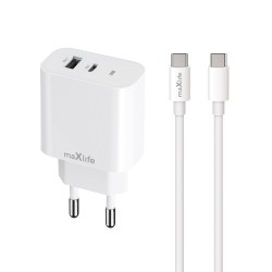 TRAVEL CHARGER MAXLIFE USB + USB-C MXTC-06-AC 20W + CABLE USB-C TO USB-C WHITE