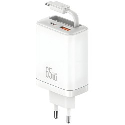USAMS XIANG SERIES CC299 USB-C + USB-A + USB-C CABLE 65W WHITE WALL CHARGER