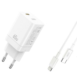 TRAVEL CHARGER XO CE10 PD 65W USB-C + CABLE USB-C TO LIGHTNING WHITE